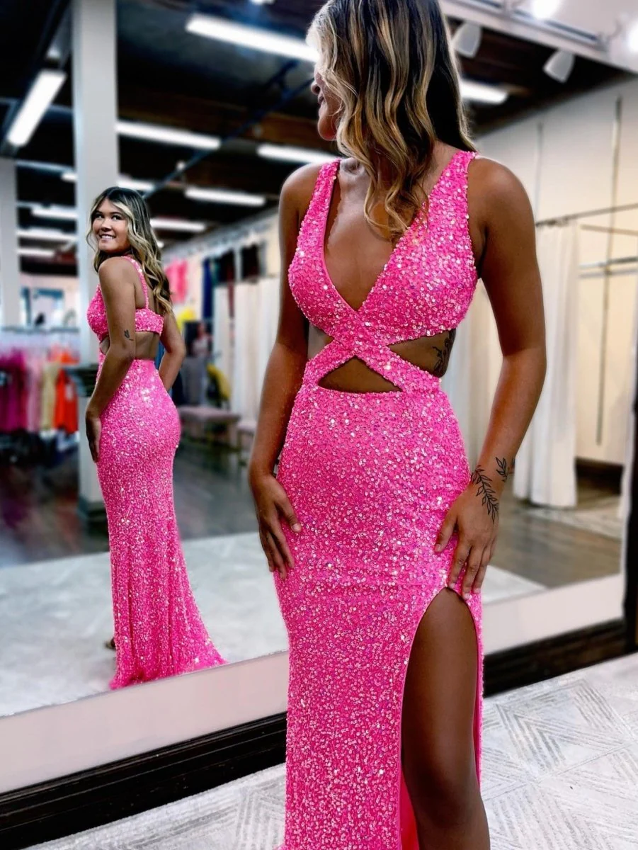 Mermaid V Neck Sequins Prom Dress with Slit
