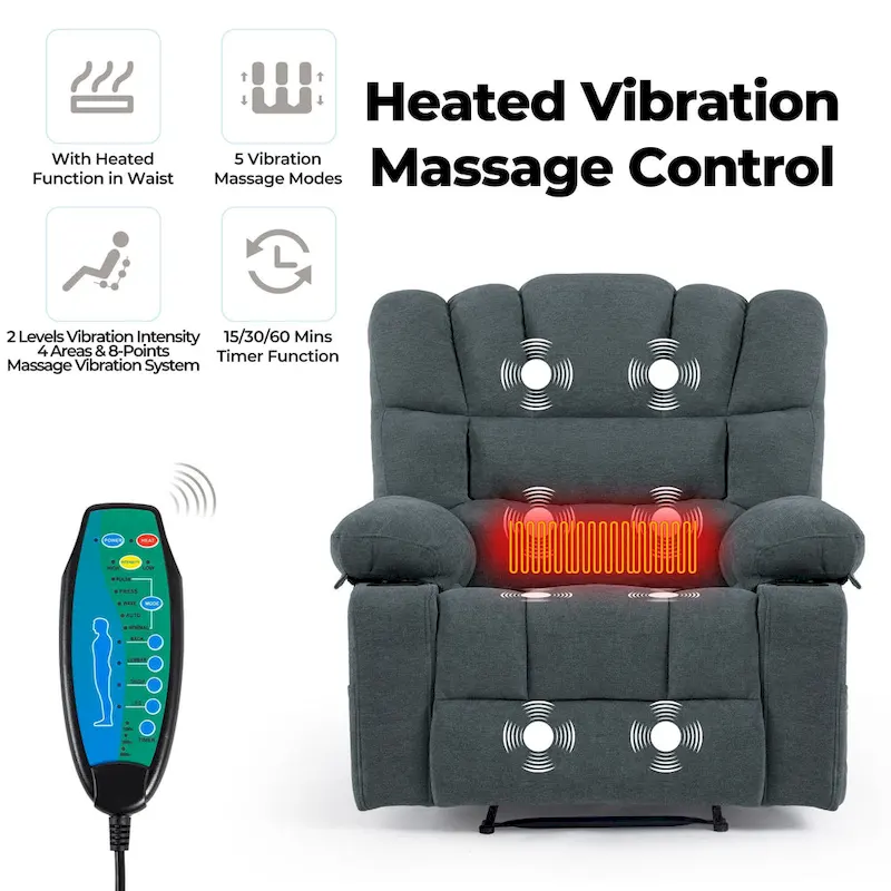 Chenille Manual Recliner Chair with Massage and Lumbar Heating, Dual Cup Holders, Side Pockets