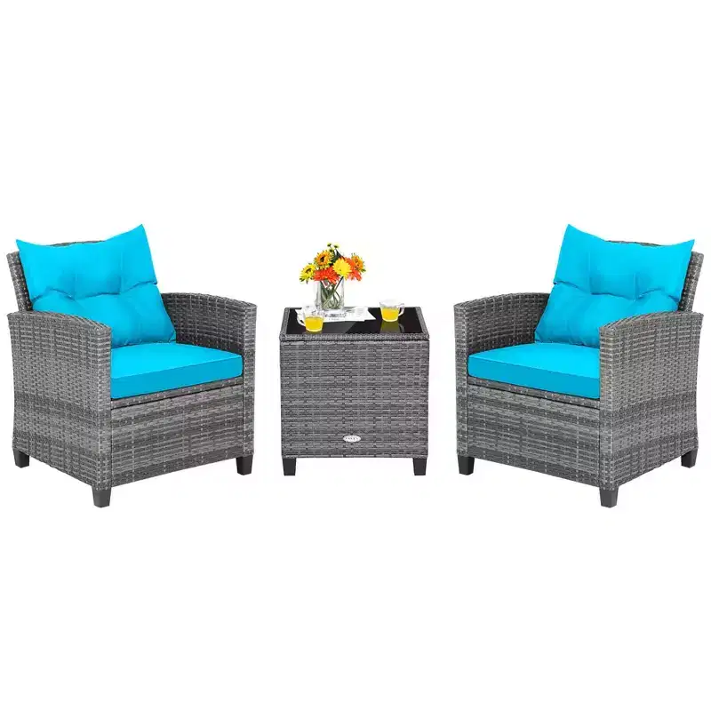 Costway 3PCS Patio Rattan Furniture Bistro Set Cushioned Sofas Side Table Armrest Red/Grey/Navy/Turquoise/Black