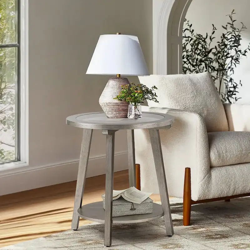 COSIEST 2-Tier Silver Round Glass Table for Living Room - 22 W x 22 D x 24H