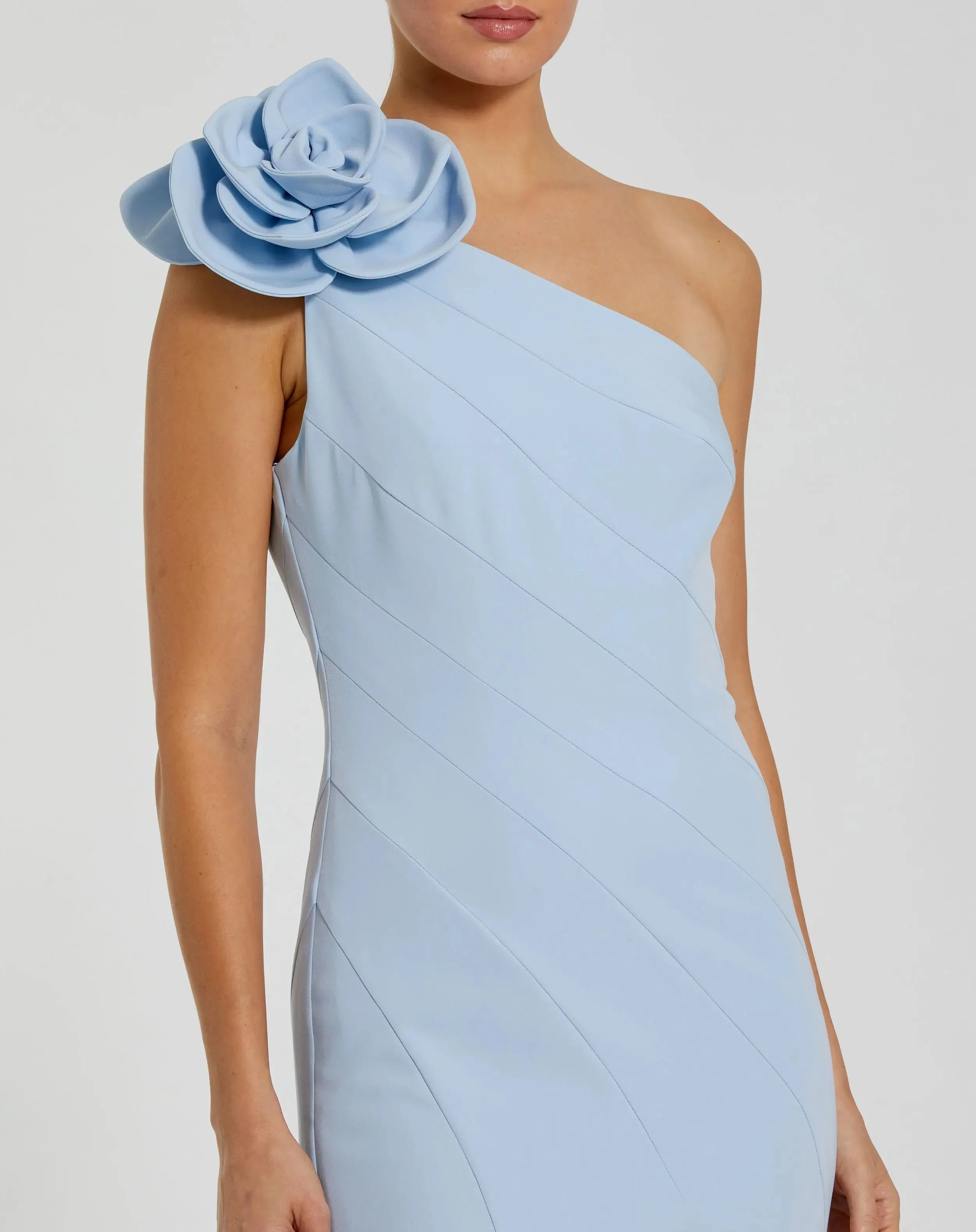 Blue One Shoulder Mermaid Gown With 3D Flower