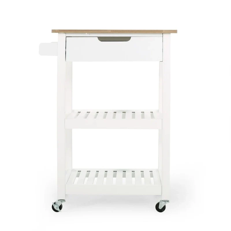 Compact Wooden Kitchen Cart with Wheels Shelves and Drawer by