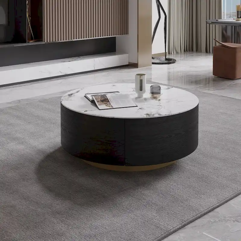 Round Sintered Stone Coffee Table with 2 Drawers & Gold Base – White / Black, Modern Style