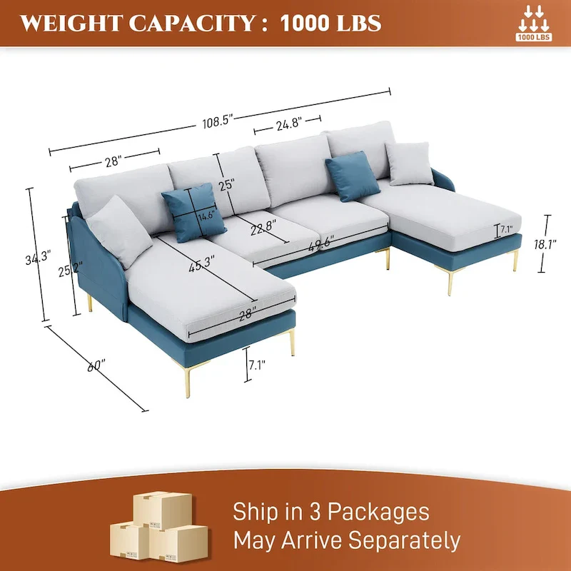 U-Shape Sectional Sofa 4-Seat Couch with Double Chaise Lounge