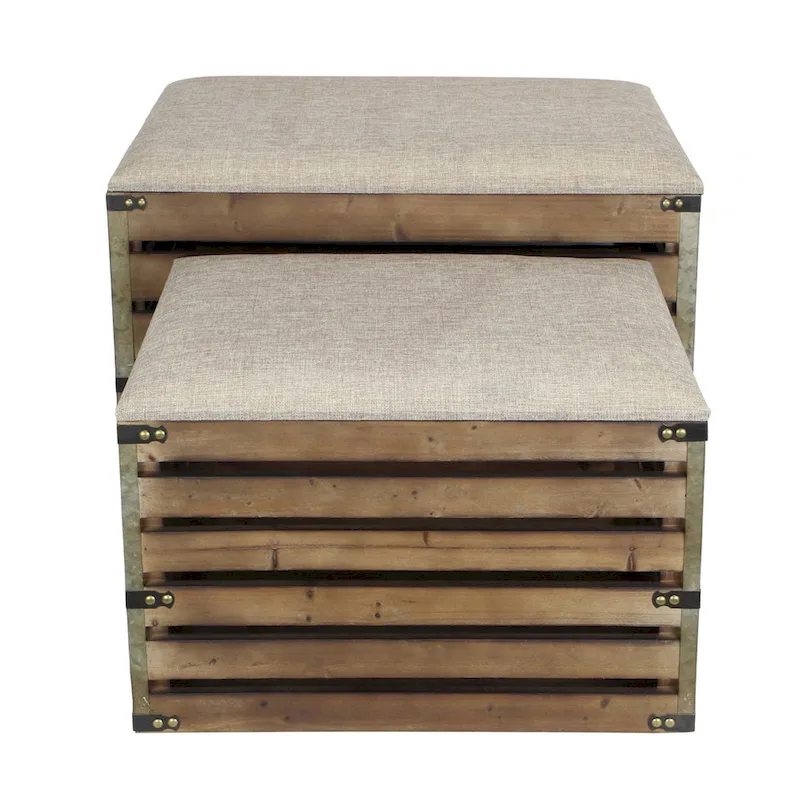 Set of Two Brown Wood Slat and Upholstery Storage Benches With Flip Top - 23.7 W x 14 D x 17.5 H