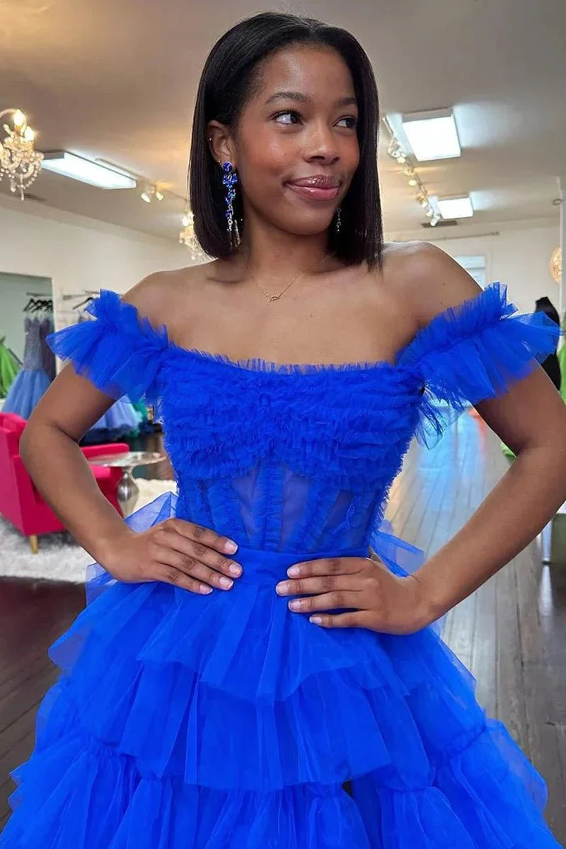 Royal Blue Off the Shoulder Ruffle Tiered Tulle Long Prom Dresses with Slit