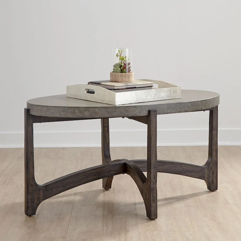 Oval Cocktail Table, Eucalyptus & Birch, Concrete Composite Top, Wire Brush Finish