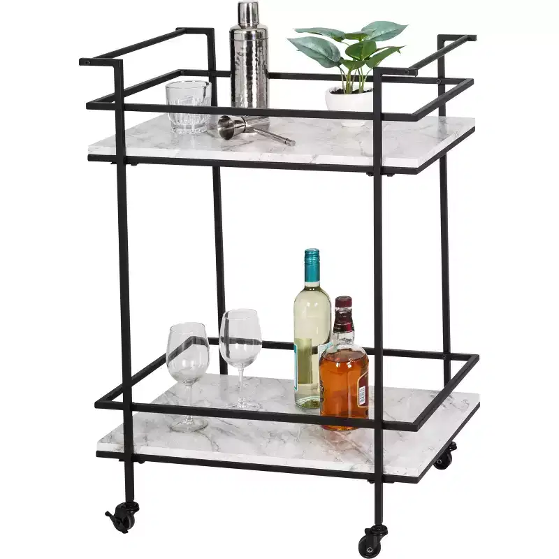 Honey-Can-Do 2 Tier Bar Cart Faux Marble: Indoor Rolling Drink Cart with Steel Frame, Black, 2 Fixed Shelves