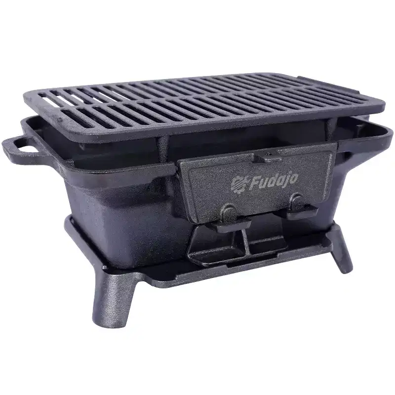 Okak Rectangular Bbq Grill with Cast Iron Frame, Portable Grill with Tabletop Cast Iron Skillet, Durable Charcoal Grills for Camping, Hiking, Black