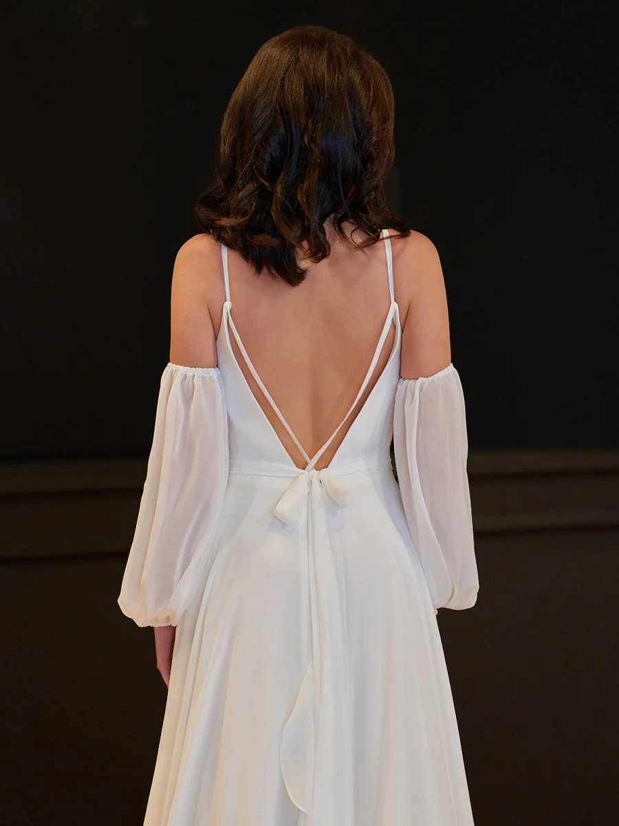 A-Line Chiffon Detachable Puffy Sleeves Wedding Dress