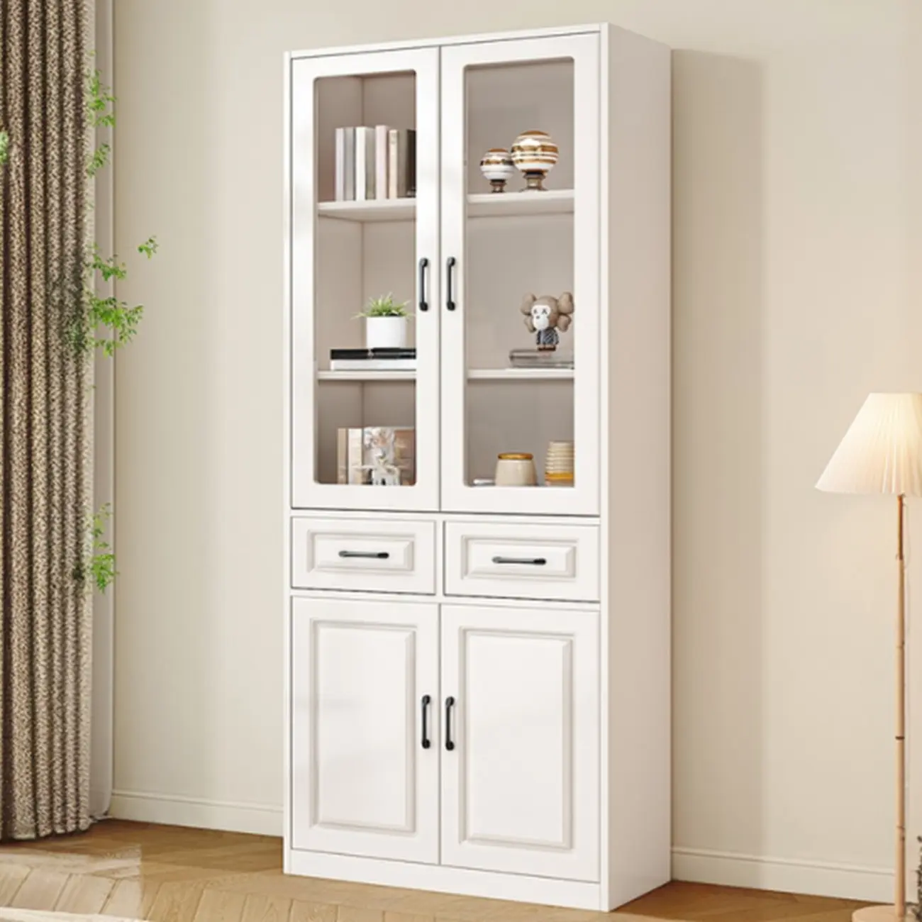 Rectangular White Wood Vertical Display Bookcase with Drawers