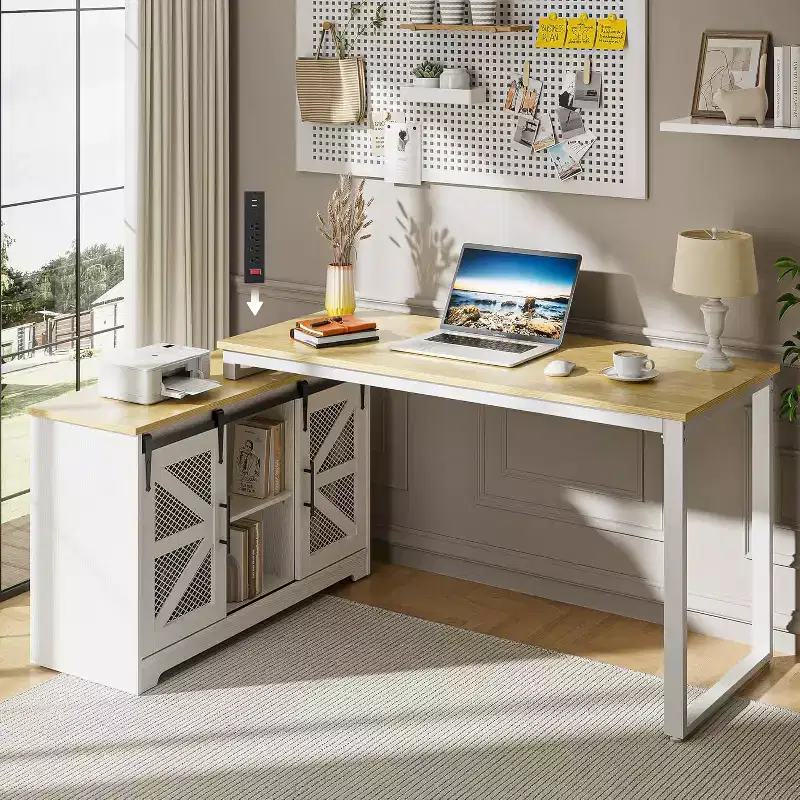 KOLIGEY Rustic Corner Desk with Storage, L Shaped Farmhouse Office Desk with Sufficient Storage Capacity