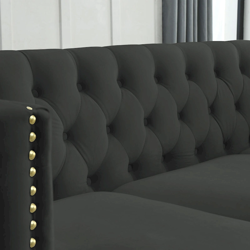 Black 82.2 Velvet Chesterfield L-Shaped 5-Seater Sectional Sofa with Nailhead Trim, Metal Legs, and Tufted Cushions
