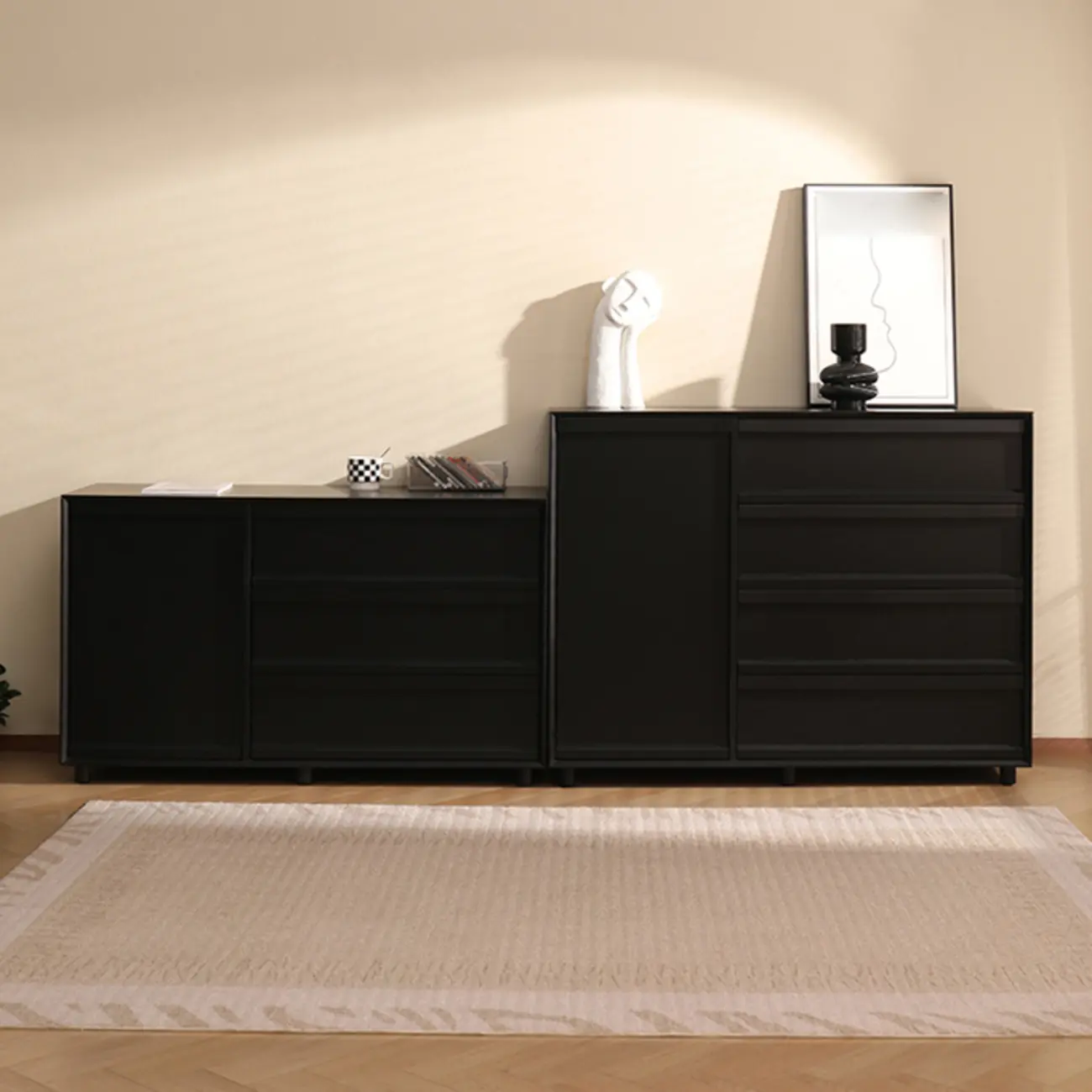 Industrial Wood Dresser with Drawers and Smooth Metal Rail