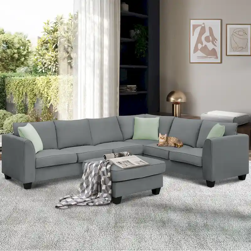 112*87  Sectional Sofa Couches Living Room Sets 7 Seats Modular Sectional Sofa with 3 Pillows, Grey