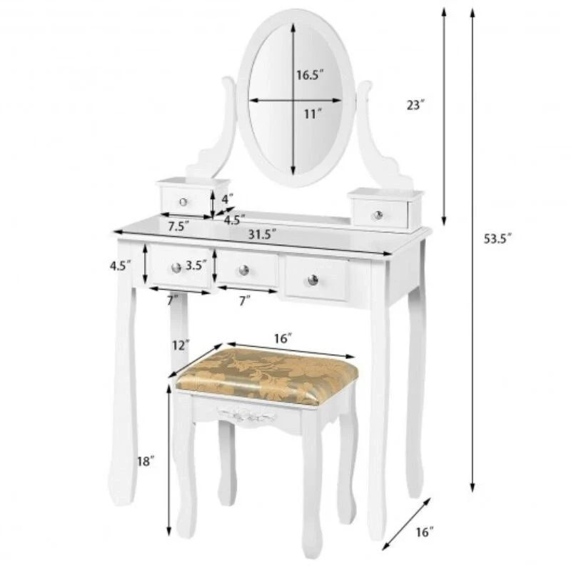 Vanity Make Up Table Set Dressing Table Set with 5 Drawers - 31.5  x 16  x 53.5  ( L x W x H )