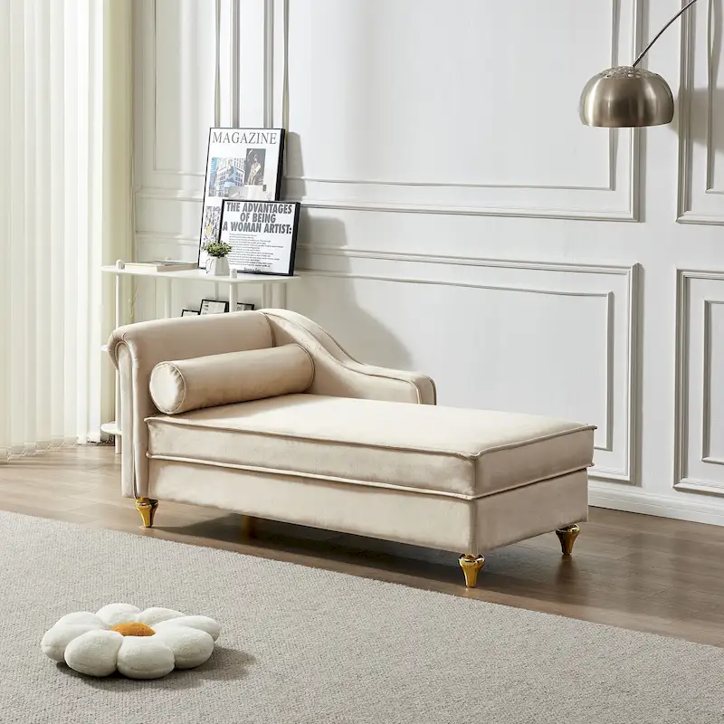 Velvet Chaise Lounge Chair with Storage – Beige / Khaki / Navy Blue, Single