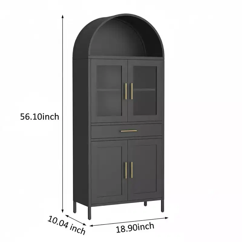 Arched Cabinet with Glass Doors, Metal Kitchen Pantry, Modern Display Bookcase for Living Room, Dining Room or Kitchen