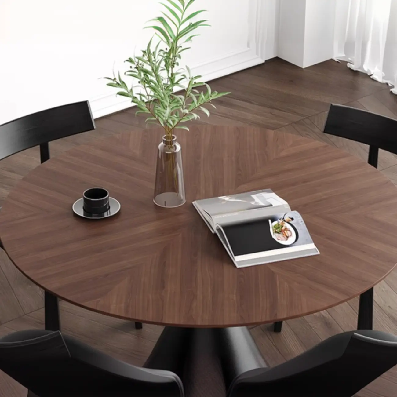 Modern Black Wood Pedestal Round Dining Table