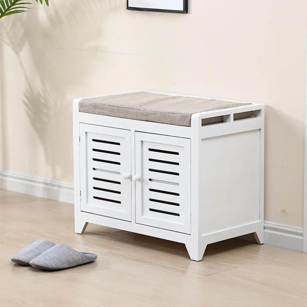 Entryway Wooden Cushioned Shoe Bench with Cabinet
