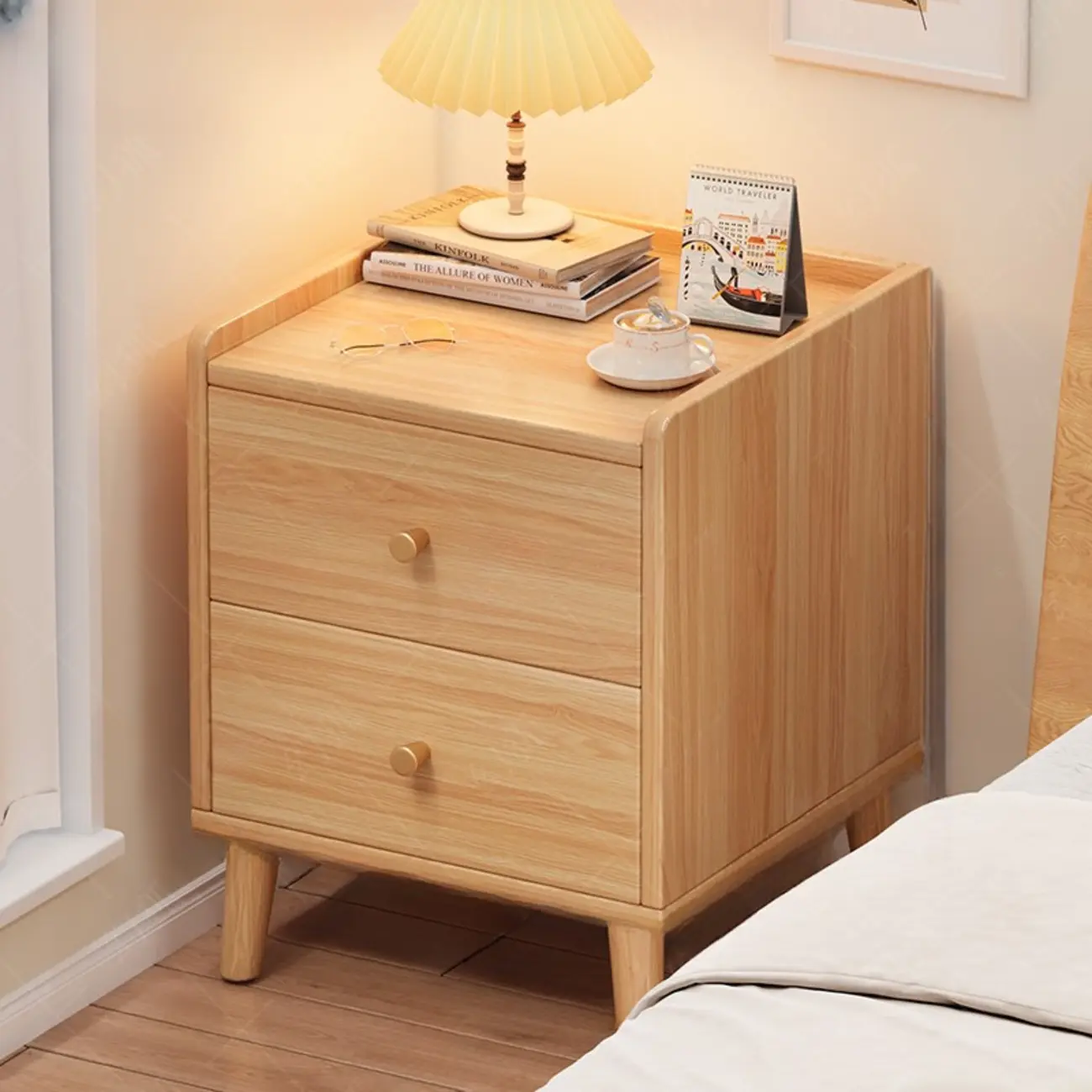 Modern White Wooden Bedside Table with Drawers