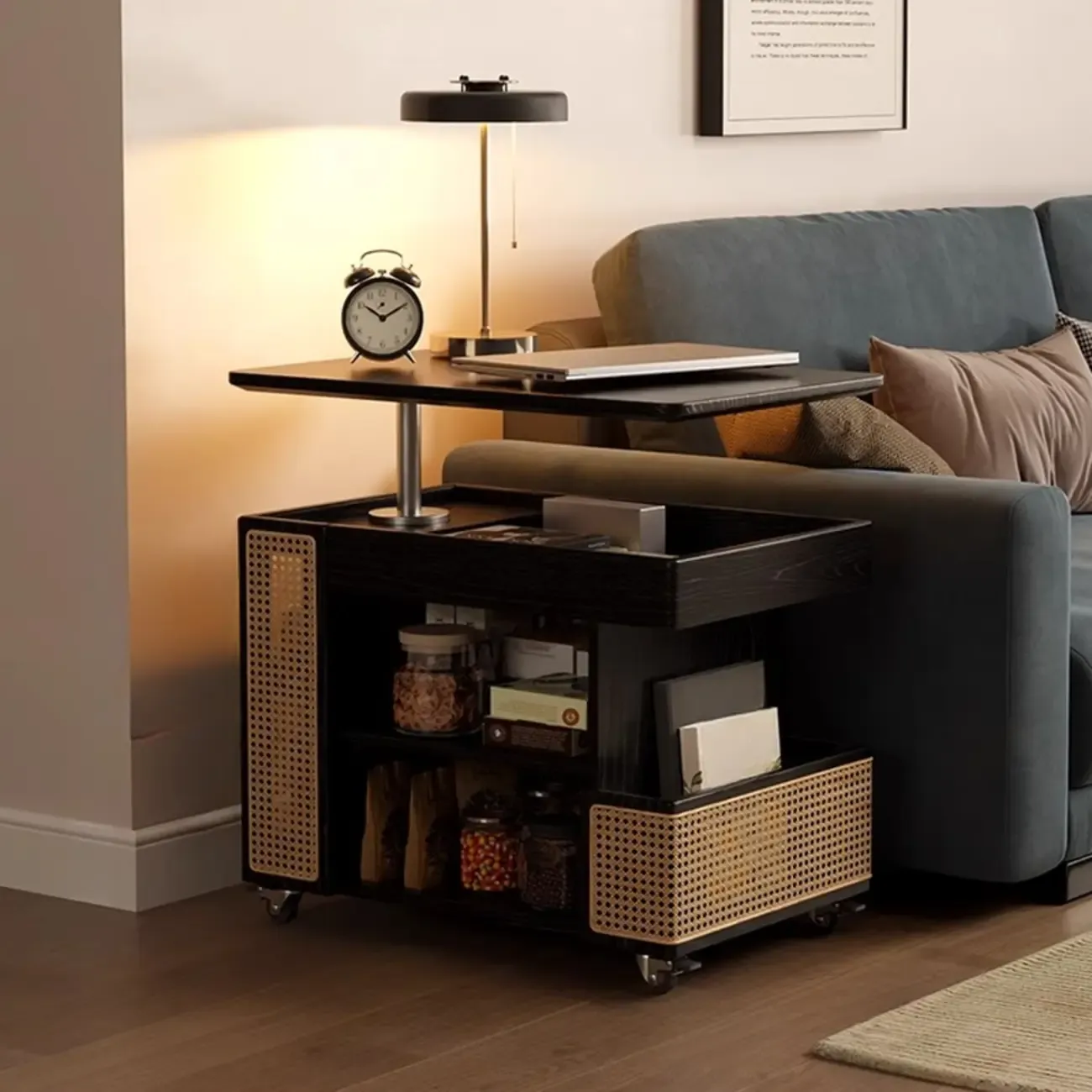 Nut-brown Adjustable Lift Top Wood Trolly Side Table