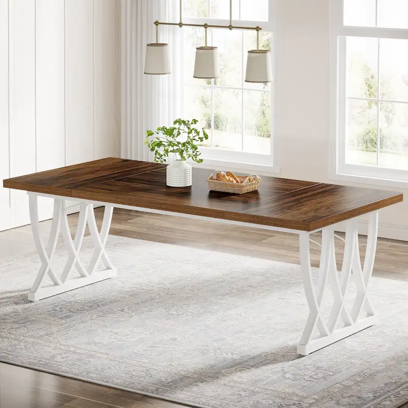 Brown & White Rectangular Dining Table, MDF & Metal, Seats 6–8