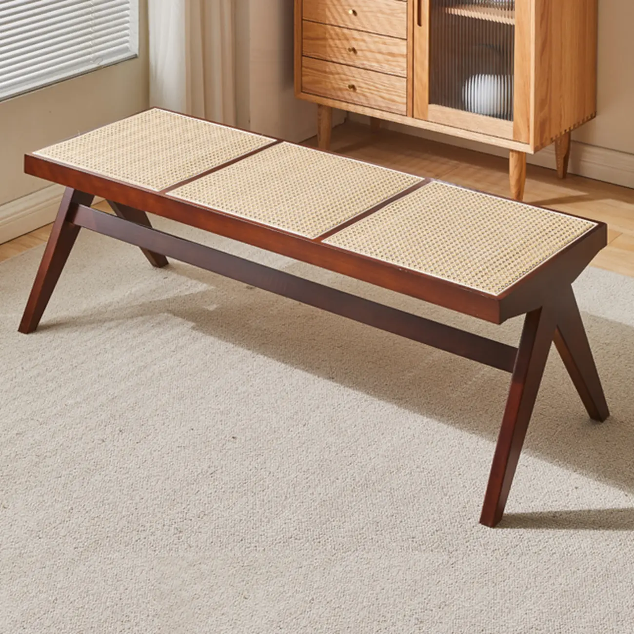 Elegant Rattan Top Finish Wooden Rectangular Cherry Benches