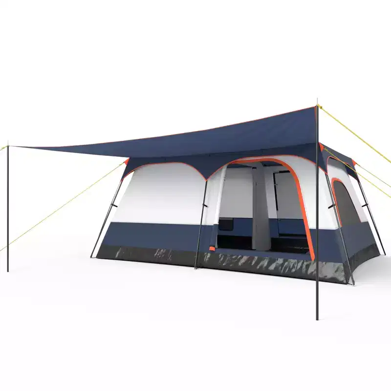 Gymax 8/10-Person Family Camping Tent with Porch Spacious Cabin Style Featuring 2 Separate Rooms and 2 Entryways Blue/Green
