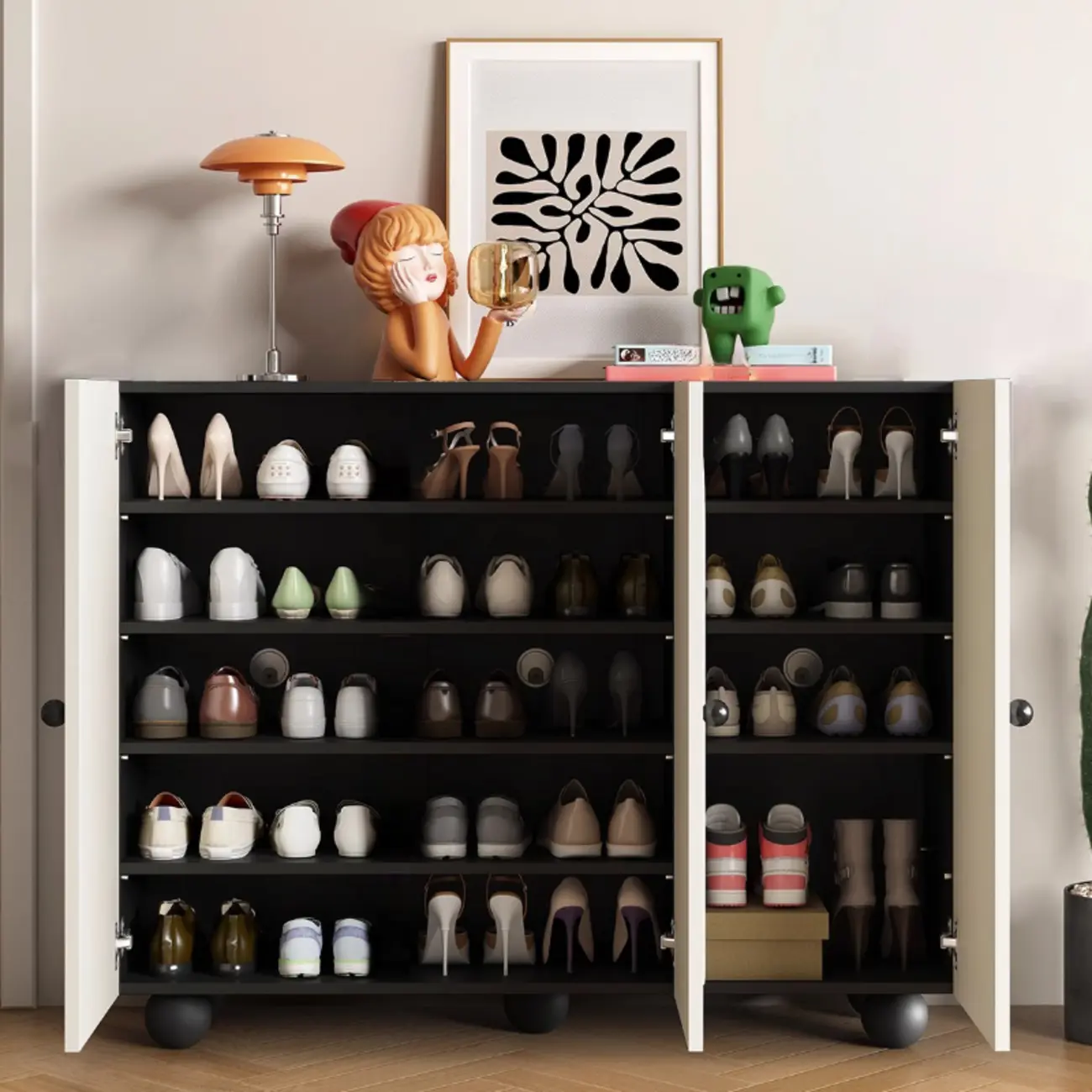 Chic Adjustable Shelves Wood Shoe Cabinet in White/Black