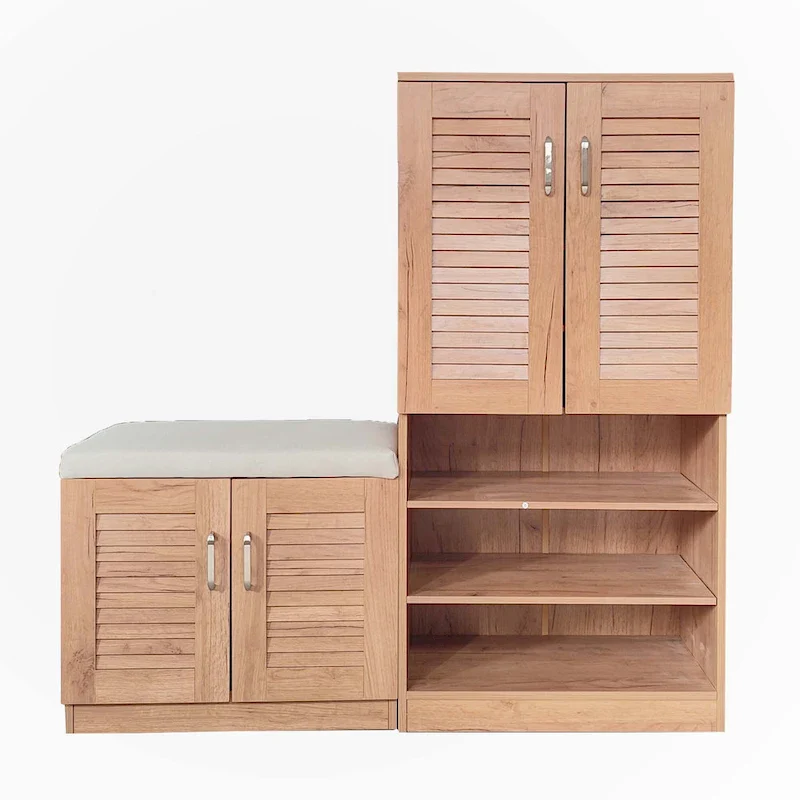 White/Oak Shoe Cabinet with Bench - 21-30 Pairs