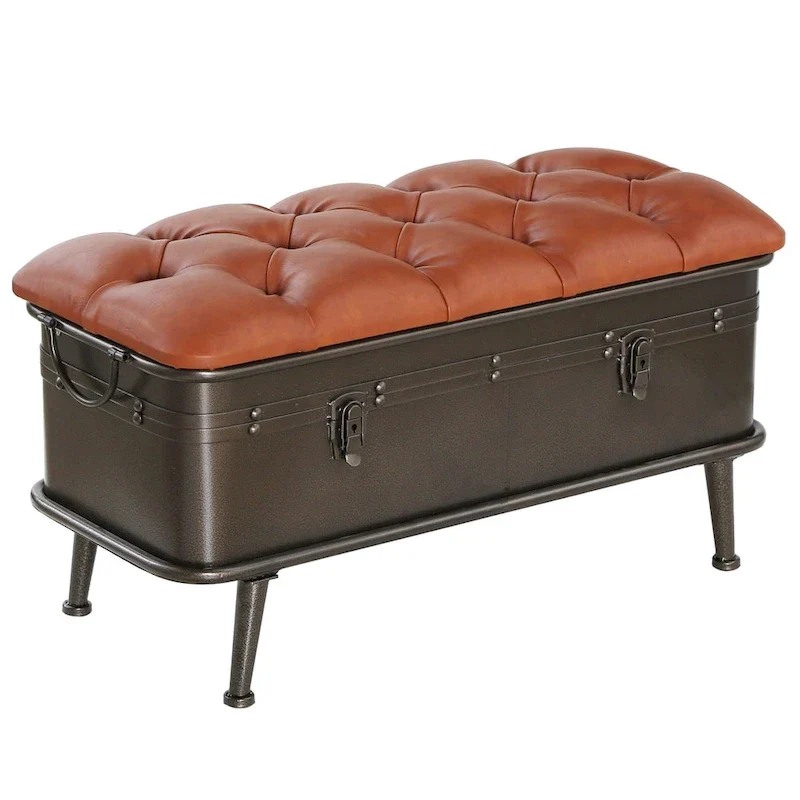 Tan Tufted Faux Leather & Distressed Metal Storage Bench - Single Use