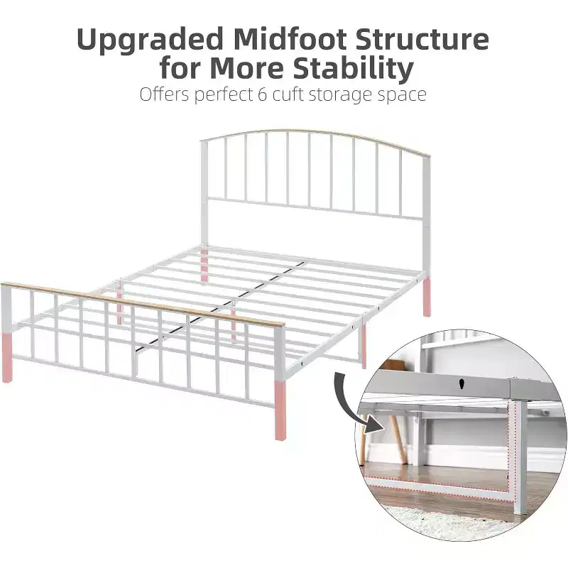 Platform Bed Frame with Headboard & Footboard, 4 Underbed Storage Drawers, Metal Slat Support, No Box Spring Needed, White+Oak