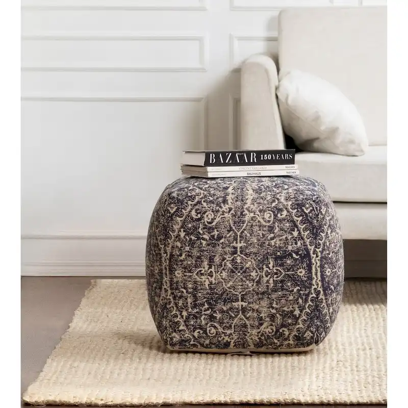 20-inch Blue & Ivory Square Pouf Ottoman