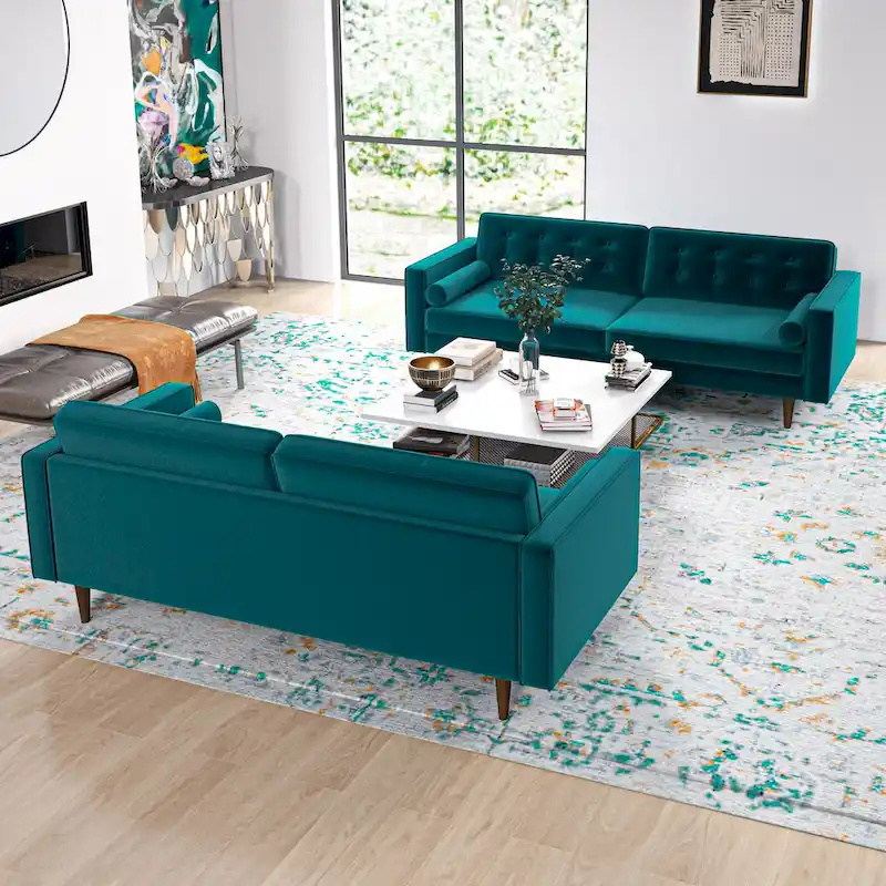 Kenzo Mid Century Pillow Back Velvet Sofa and Loveseat Set