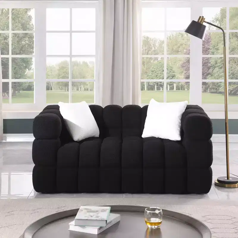 Boucle Fabric Sofa with Two Pillows, 3-Seater/2-Seater Marshmallow Sofa - ModernLuxe