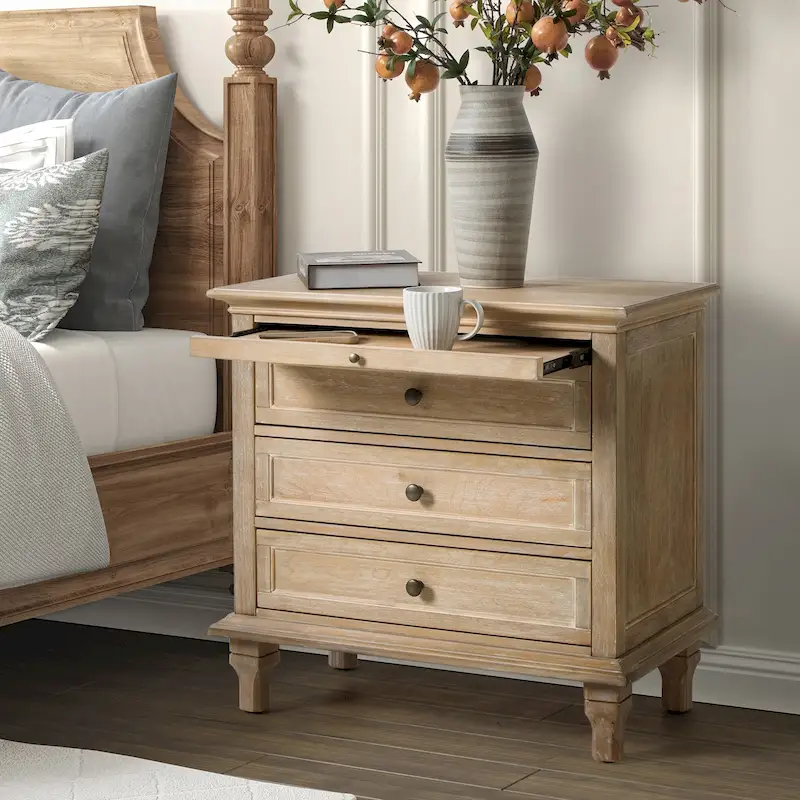 3-Drawer Farmhouse Nightstand with Built-In Charging Station & Pull-Out Shelf – White / Acorn / Walnut / Black, Farmhouse Style, Single