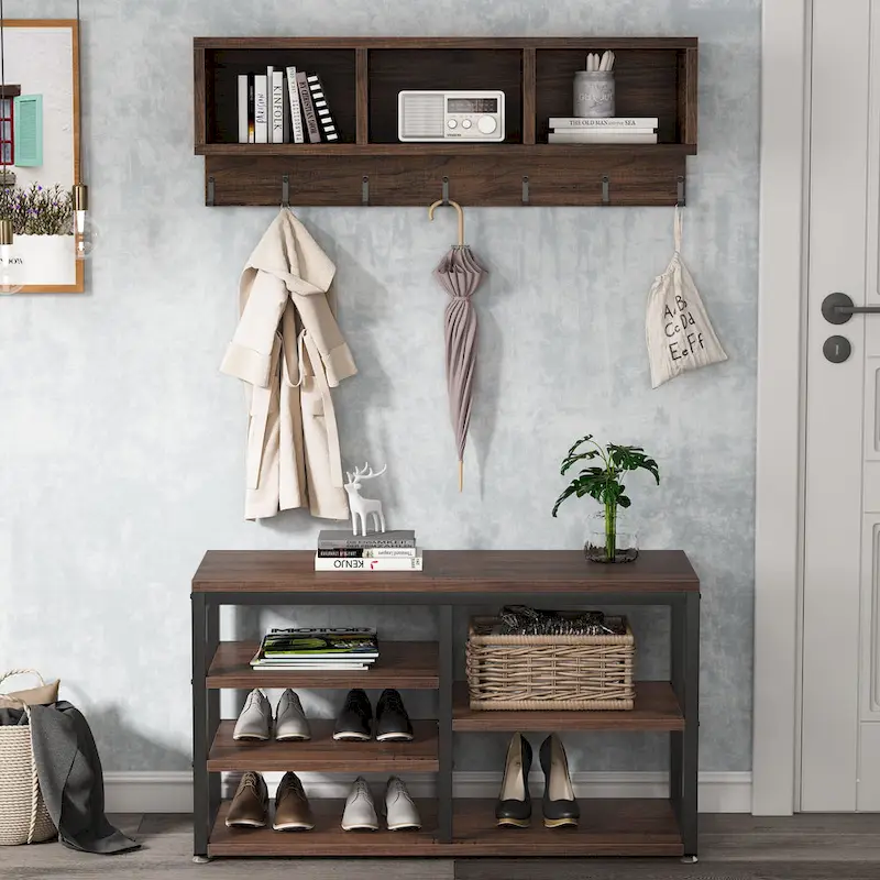 Hall Tree with 7 Hooks, Entryway bench with coat rack