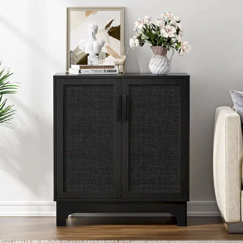 Black Buffet Sideboard 2-Door Rattan MDF Storage Cabinet Adjustable Shelf Wood Handles 31.5