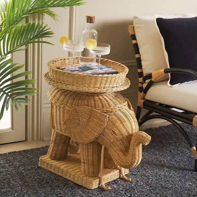 Rattan Elephant Side Table with Built-In Tray – Natural / Grey, Eclectic Style