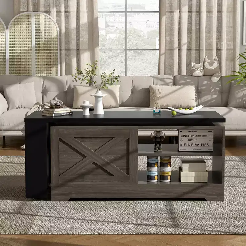 JVNOXK Farmhouse-style lift-top coffee table, wooden rectangular center table with oversized hidden storage space, suitable for living rooms, bedrooms