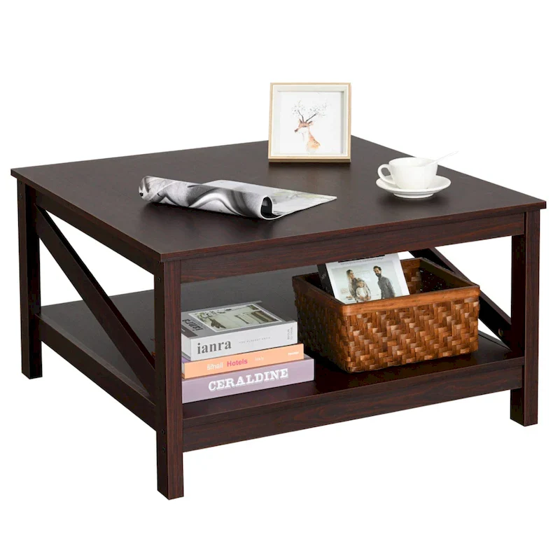 Mid-Century Industrial 2-Tier Square Coffee Table with Scratch-Proof Top & Oblique Bar Frame – Espresso / Dark Grey / Brown+White, Single