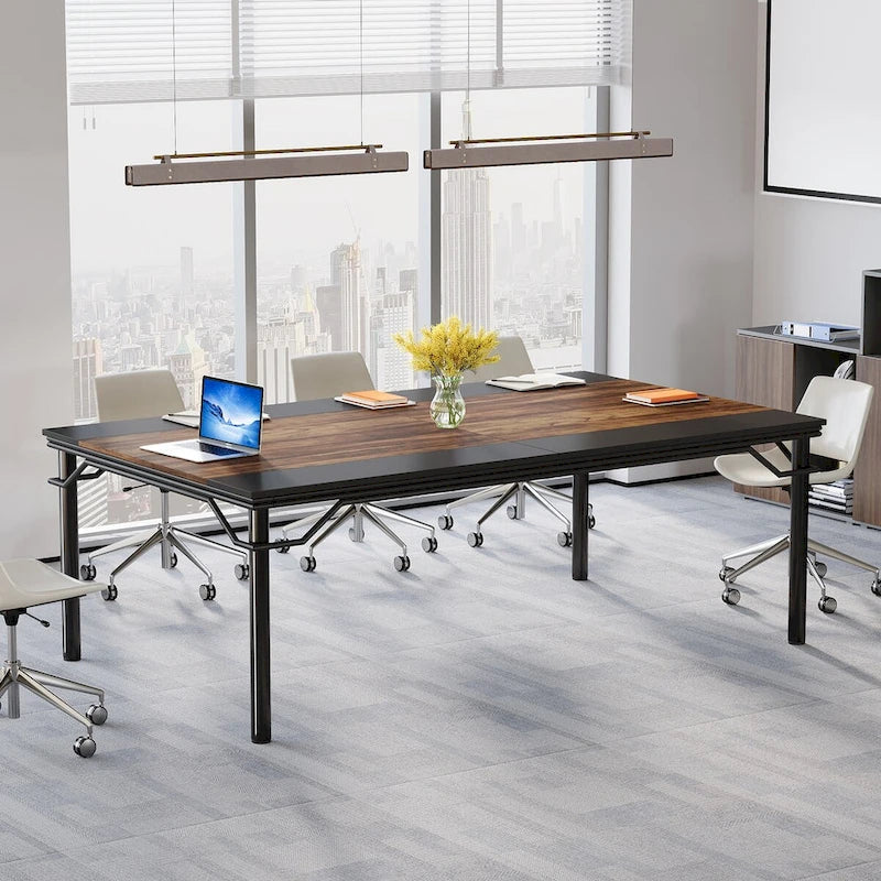 Rustic Brown & Black Industrial Splice-Top Conference Table with Steel Frame, 6-8 Person
