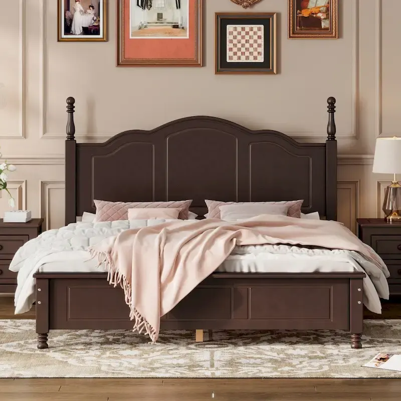 Walnut/White Retro Queen Platform Bed Frame with Headboard, For 1-2 Person