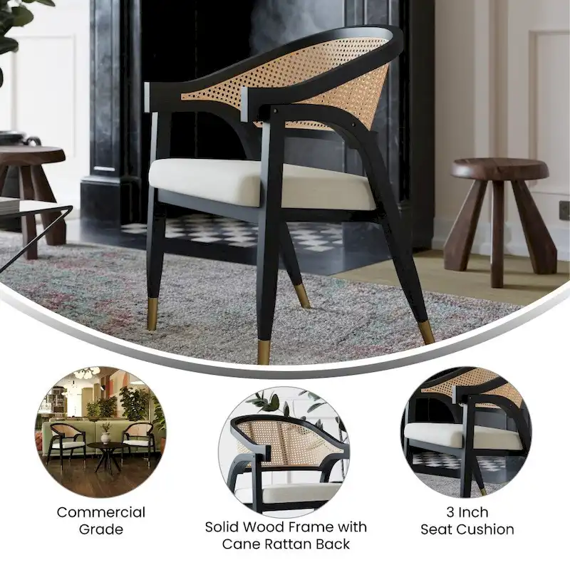 Cane Rattan Dining Chair with Upholstered Seat and Armrests