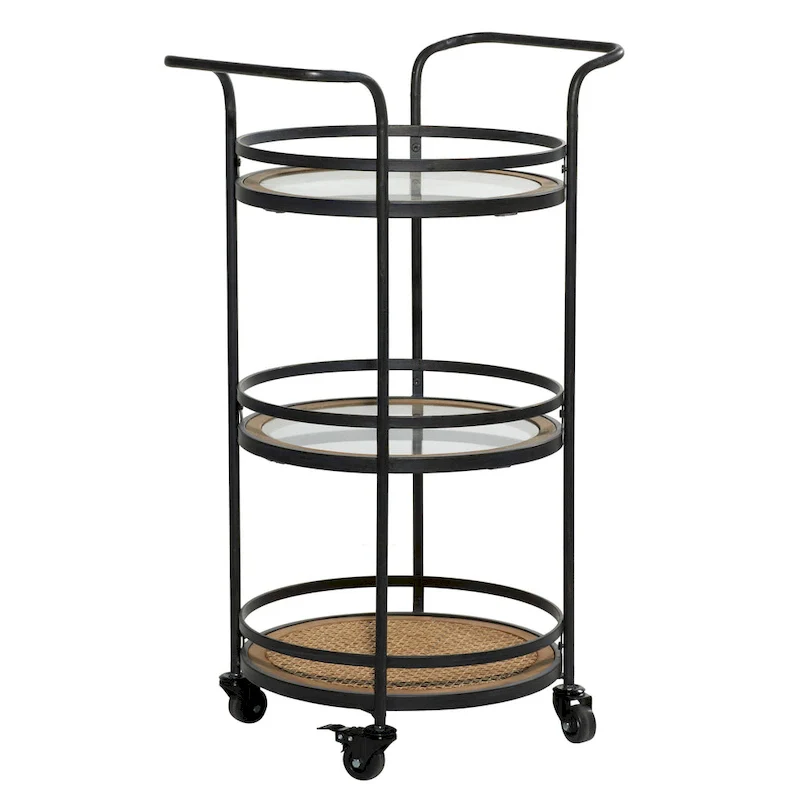 Metal Rolling Rattan and Glass Shelves Bar Cart with Handles - Brown