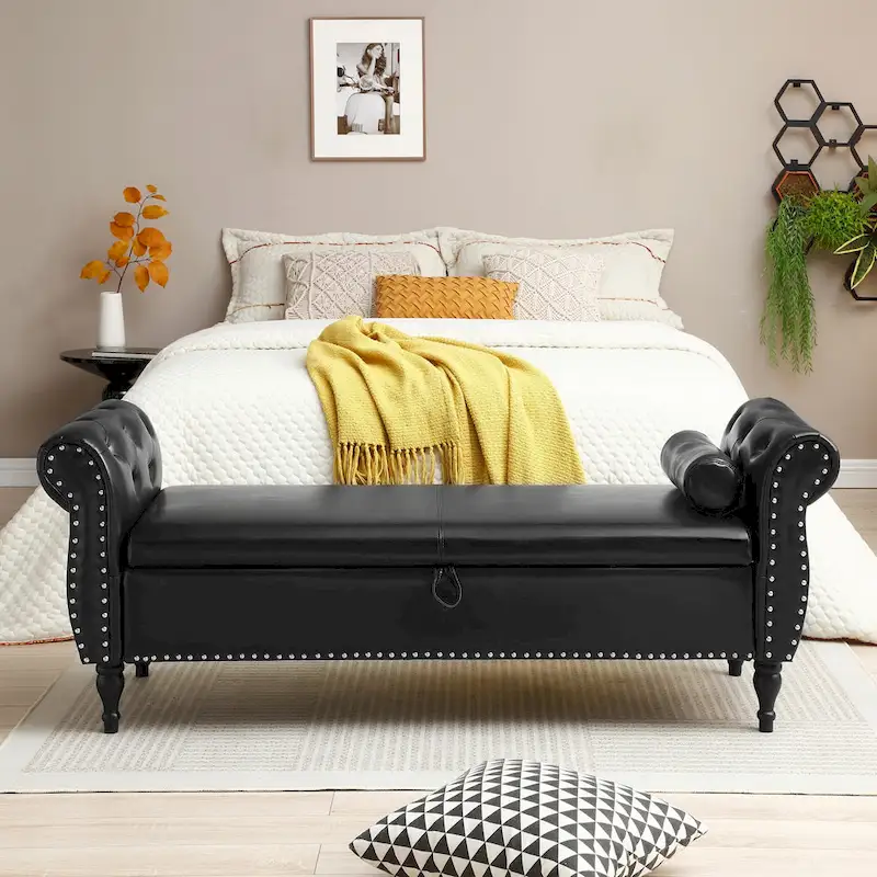 63  PU End of Bed Bench Flip Top Entryway Ottoman with 1 Pillow