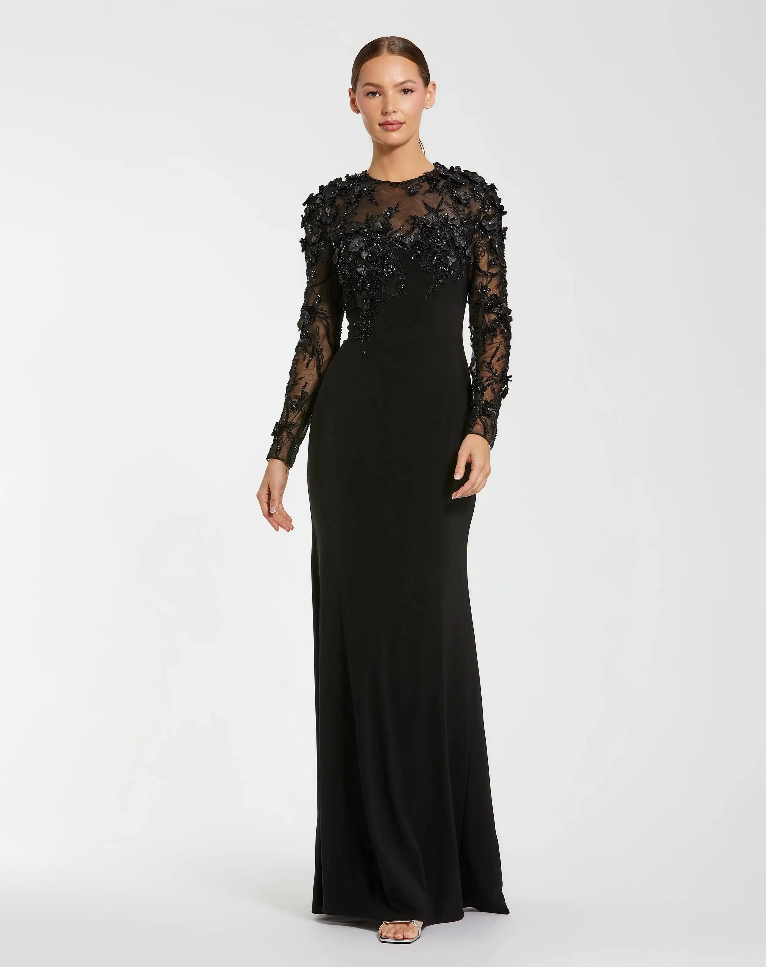 Black Jersey Long Sleeve Column Gown with Floral Embellishments