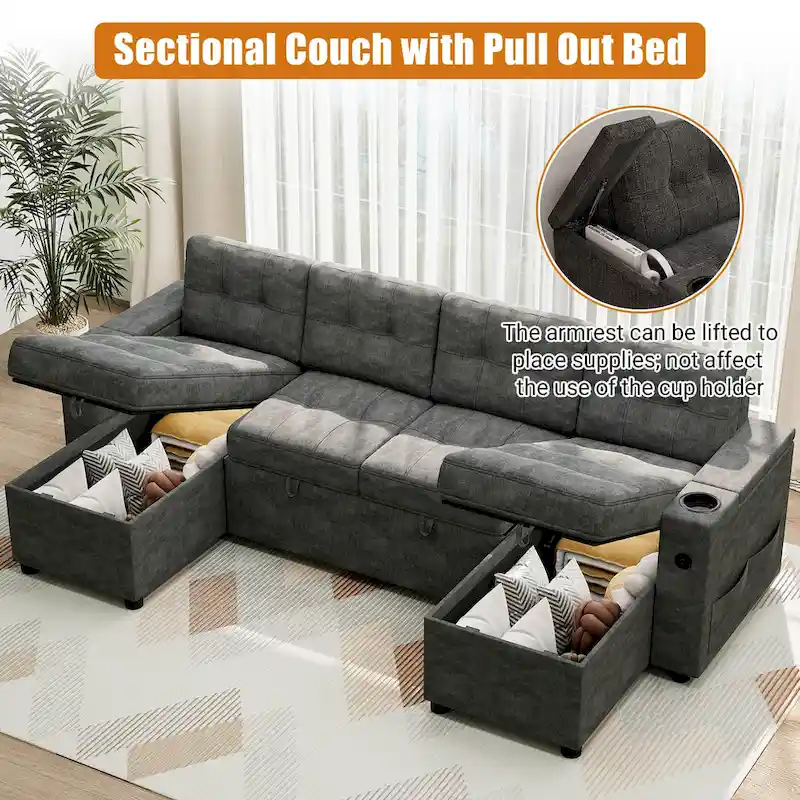 U-Shaped Sectional Sofa with Double Chaise,2 in 1 Pull Out Couch Bed,U-Shaped Sofa Couch Bed,Sleeper Sofa with Pull Out Bed