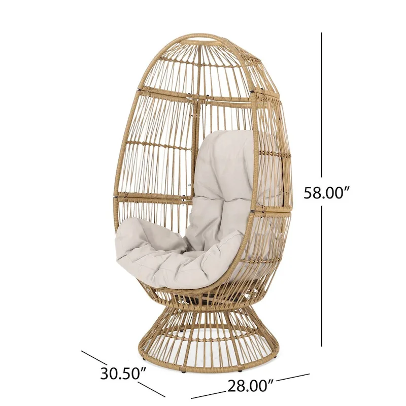 Oaks Aura Abstract Mesh Design Wicker Chair, Handcrafted Woven Rattan Swivel Egg Shape Chair, Basket Shape Chair With Cushion